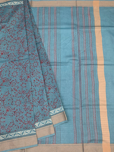 Dusty Cerulean Floral Hand-Printed Cotton Saree