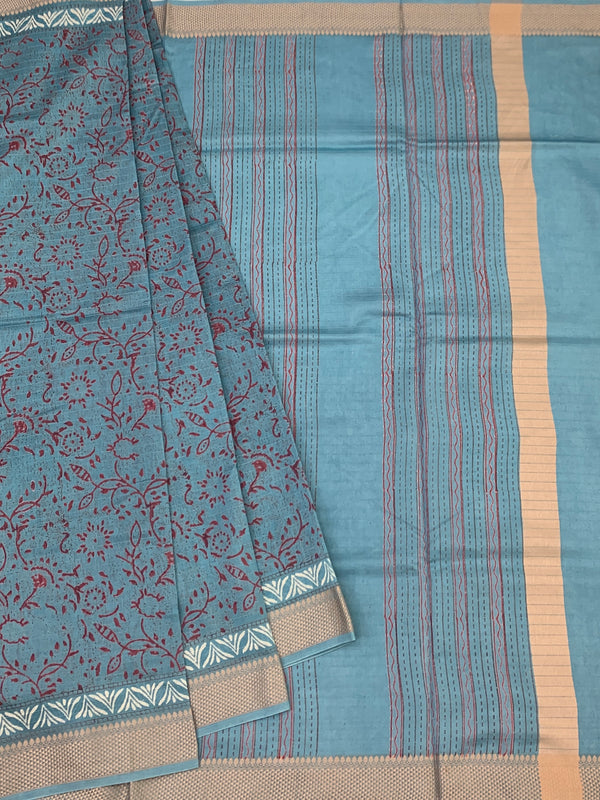 Dusty Cerulean Floral Hand-Printed Cotton Saree