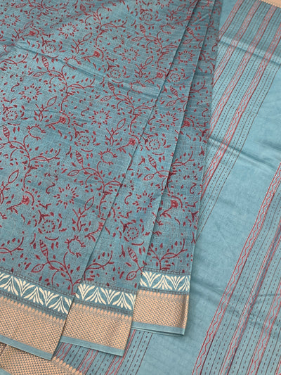 Dusty Cerulean Floral Hand-Printed Cotton Saree