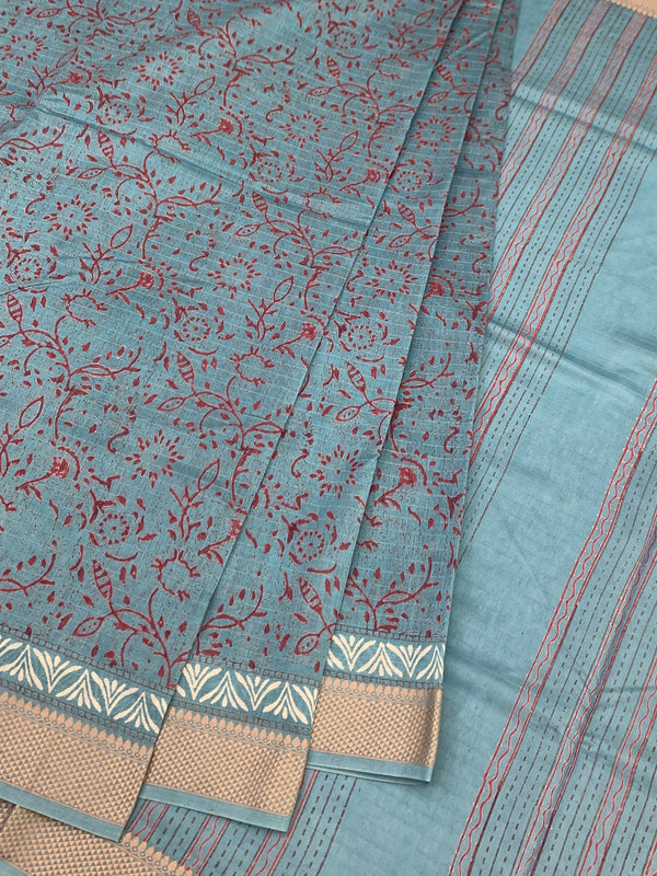 Dusty Cerulean Floral Hand-Printed Cotton Saree