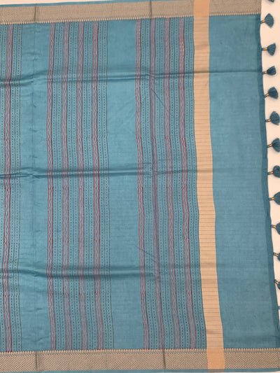 Dusty Cerulean Floral Hand-Printed Cotton Saree