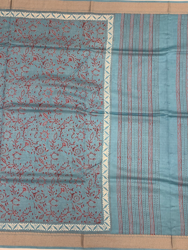 Dusty Cerulean Floral Hand-Printed Cotton Saree