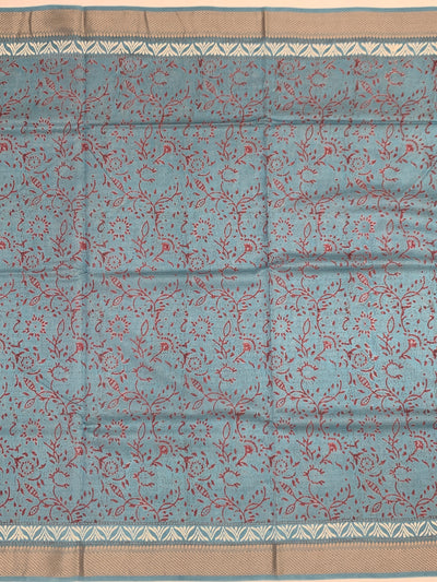 Dusty Cerulean Floral Hand-Printed Cotton Saree