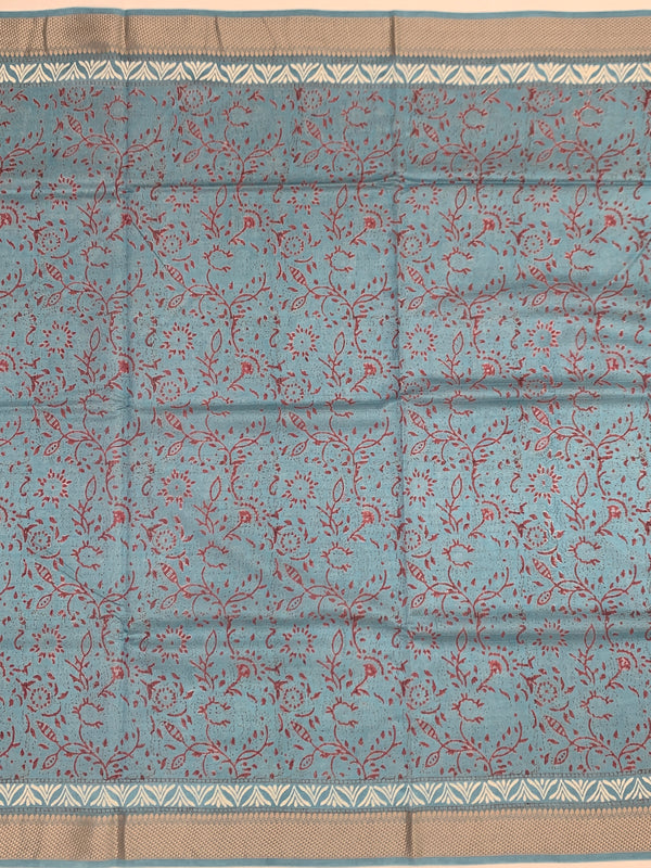 Dusty Cerulean Floral Hand-Printed Cotton Saree