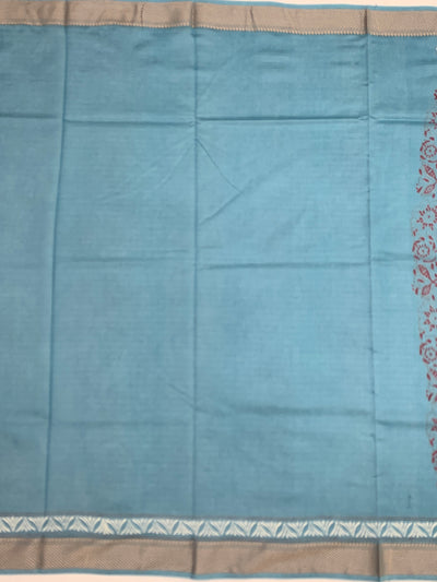 Dusty Cerulean Floral Hand-Printed Cotton Saree