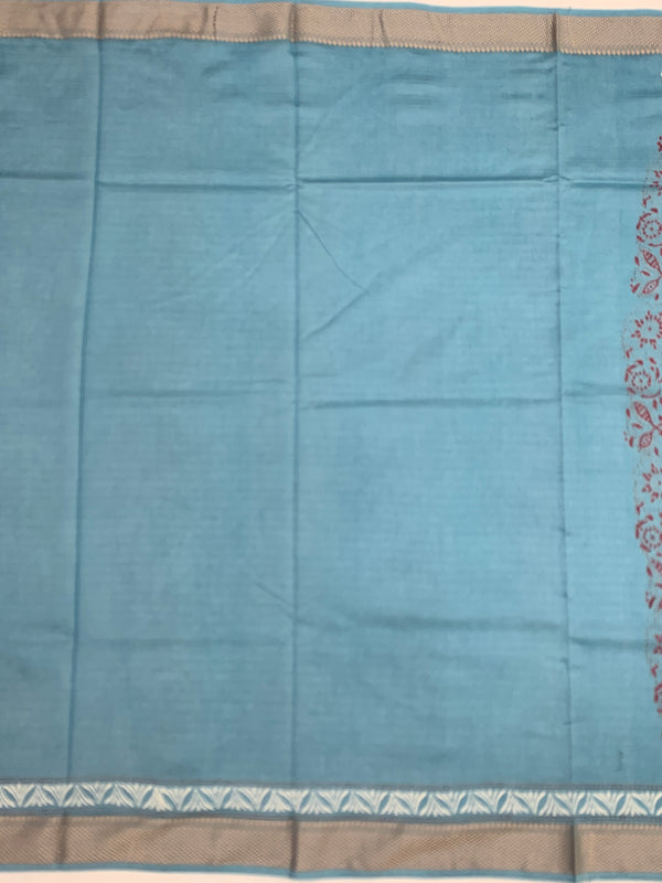 Dusty Cerulean Floral Hand-Printed Cotton Saree