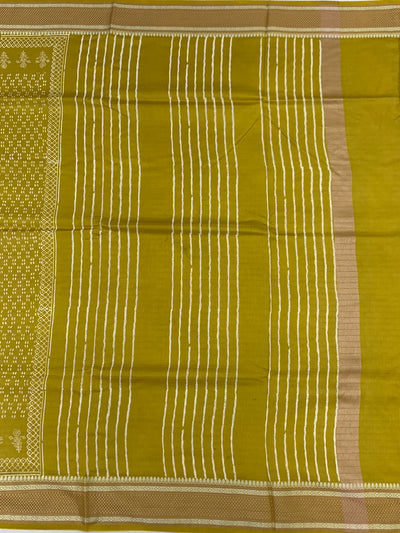 Lemon Green Printed Cotton Saree with Striped Pallu