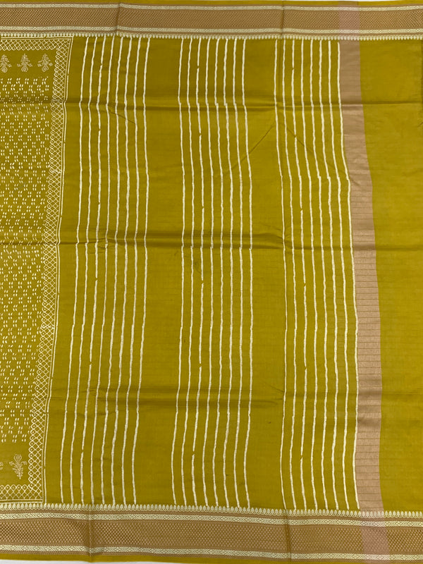 Lemon Green Printed Cotton Saree with Striped Pallu