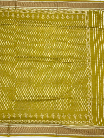 Lemon Green Printed Cotton Saree with Striped Pallu