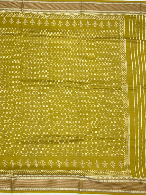 Lemon Green Printed Cotton Saree with Striped Pallu