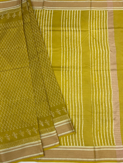 Lemon Green Printed Cotton Saree with Striped Pallu