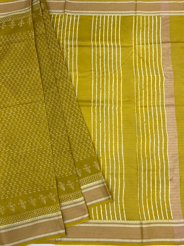 Lemon Green Printed Cotton Saree with Striped Pallu