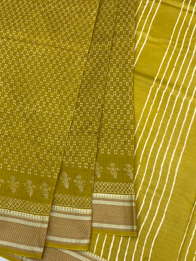 Lemon Green Printed Cotton Saree with Striped Pallu