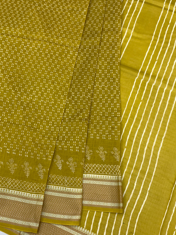 Lemon Green Printed Cotton Saree with Striped Pallu
