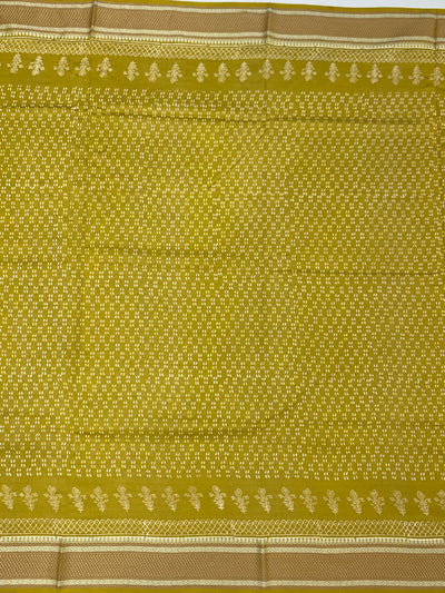 Lemon Green Printed Cotton Saree with Striped Pallu