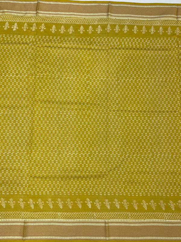 Lemon Green Printed Cotton Saree with Striped Pallu