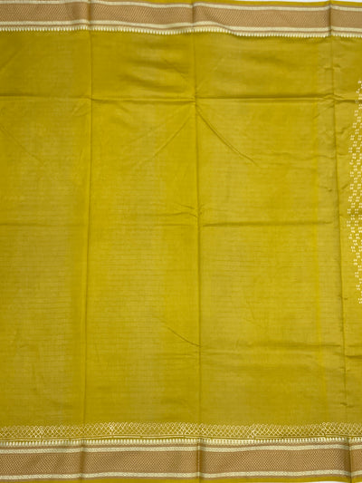 Lemon Green Printed Cotton Saree with Striped Pallu