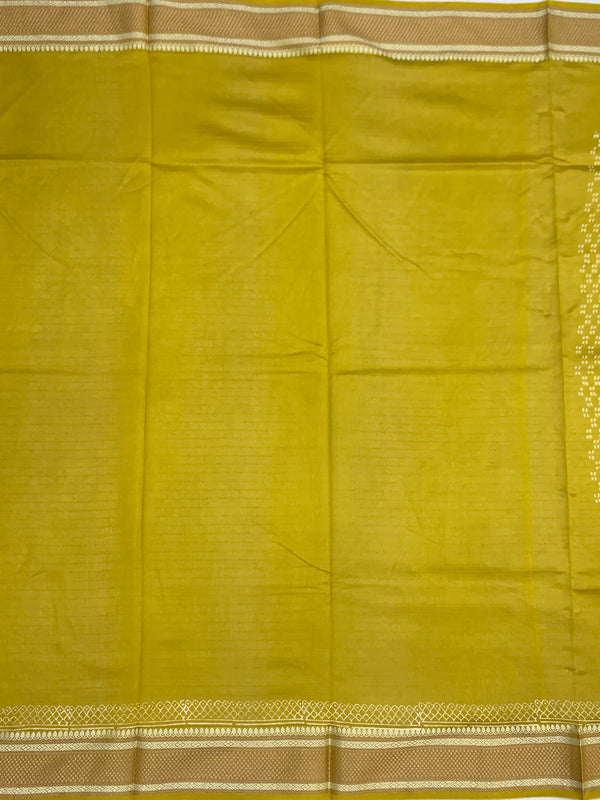 Lemon Green Printed Cotton Saree with Striped Pallu