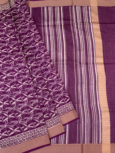 Elegant Plum Purple Botanical Print Cotton Saree