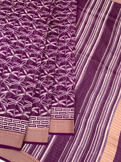 Elegant Plum Purple Botanical Print Cotton Saree