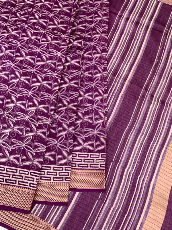 Elegant Plum Purple Botanical Print Cotton Saree
