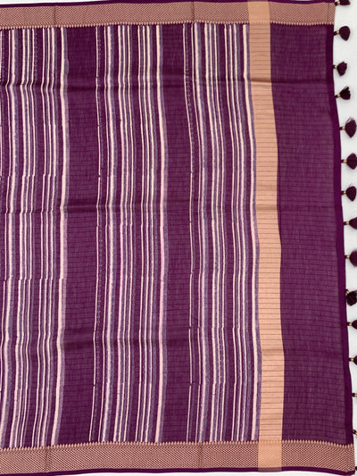 Elegant Plum Purple Botanical Print Cotton Saree