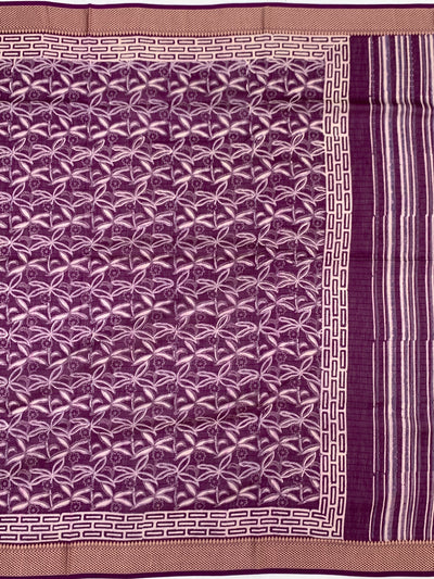 Elegant Plum Purple Botanical Print Cotton Saree