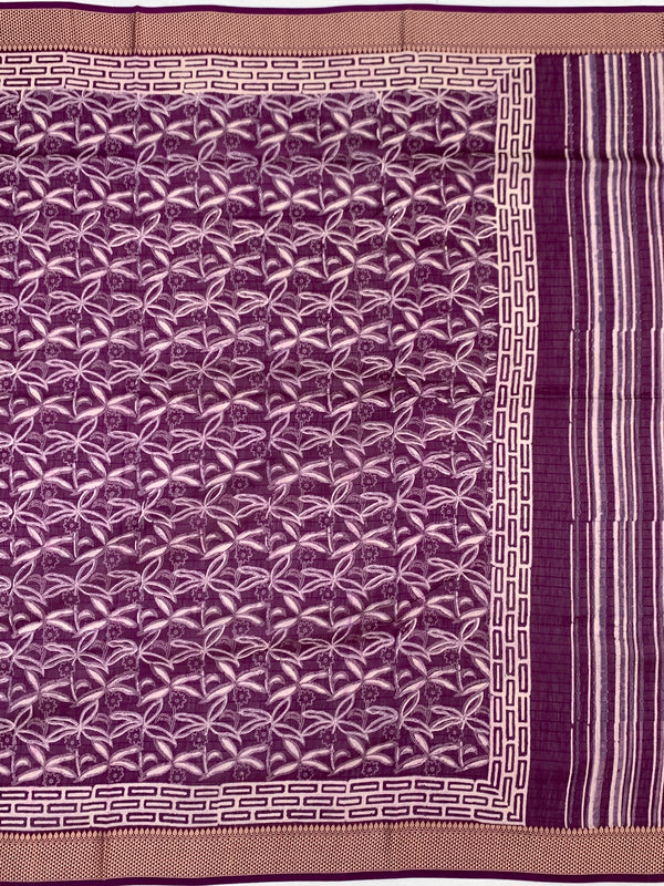 Elegant Plum Purple Botanical Print Cotton Saree