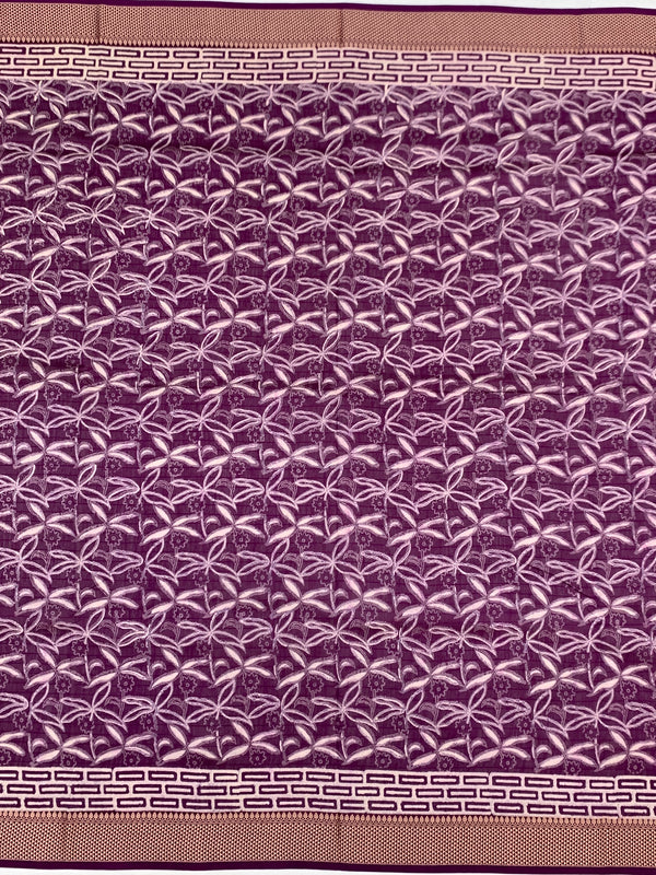 Elegant Plum Purple Botanical Print Cotton Saree