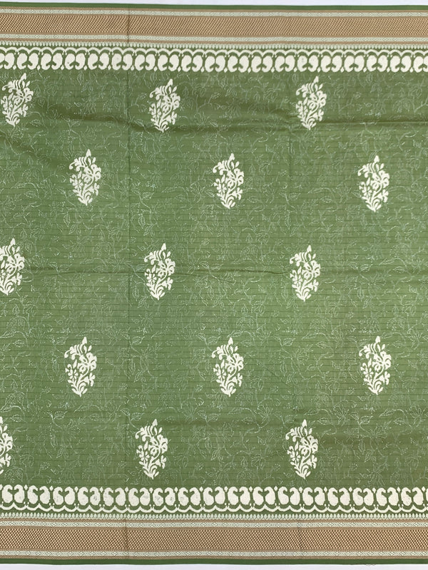 Olive Green Floral Printed Cotton Saree