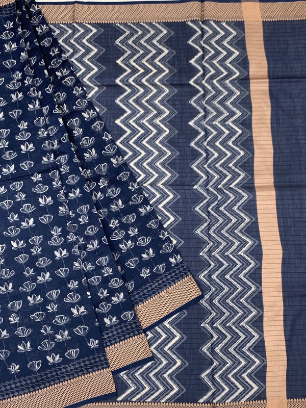 Indigo Zig-Zag Hand-Printed Cotton Saree