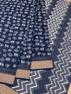 Indigo Zig-Zag Hand-Printed Cotton Saree