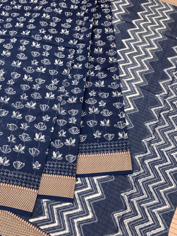 Indigo Zig-Zag Hand-Printed Cotton Saree