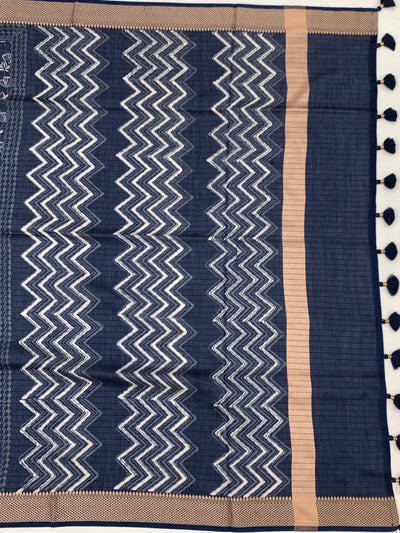 Indigo Zig-Zag Hand-Printed Cotton Saree