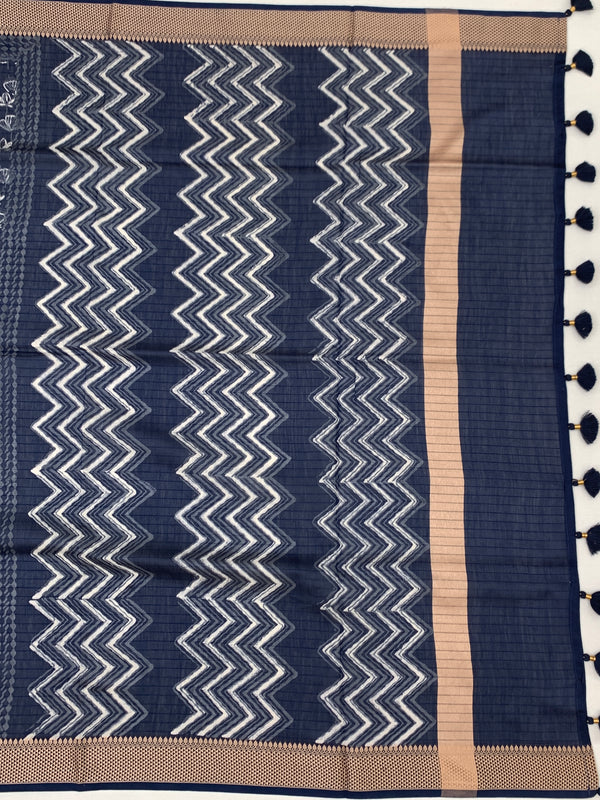 Indigo Zig-Zag Hand-Printed Cotton Saree