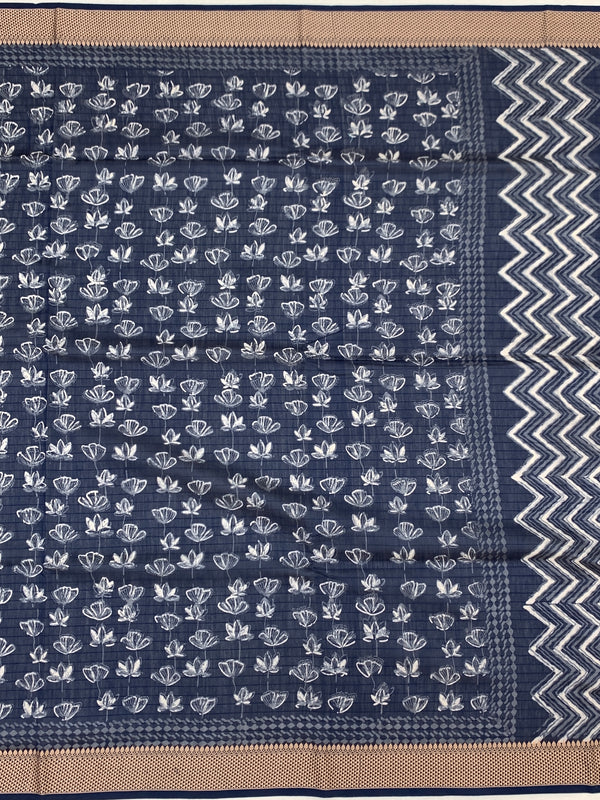 Indigo Zig-Zag Hand-Printed Cotton Saree
