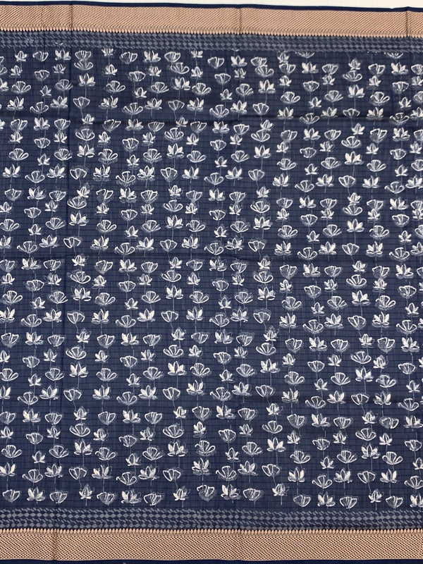 Indigo Zig-Zag Hand-Printed Cotton Saree