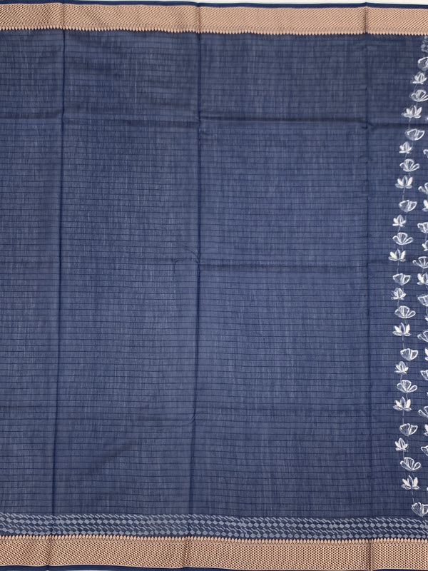 Indigo Zig-Zag Hand-Printed Cotton Saree