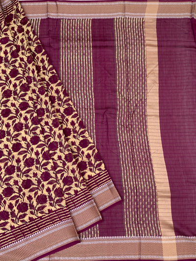 Deep Plum & Cream Hand-Printed Cotton Saree