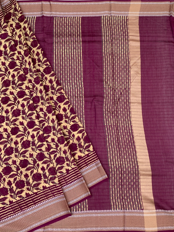 Deep Plum & Cream Hand-Printed Cotton Saree