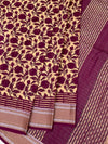 Deep Plum & Cream Hand-Printed Cotton Saree