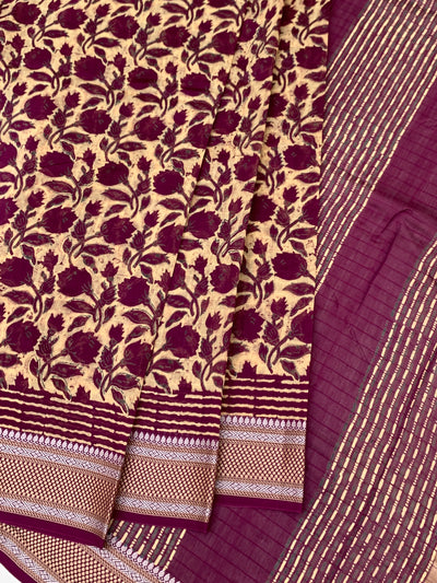 Deep Plum & Cream Hand-Printed Cotton Saree