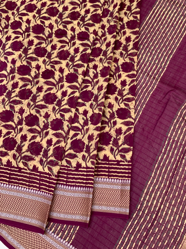 Deep Plum & Cream Hand-Printed Cotton Saree