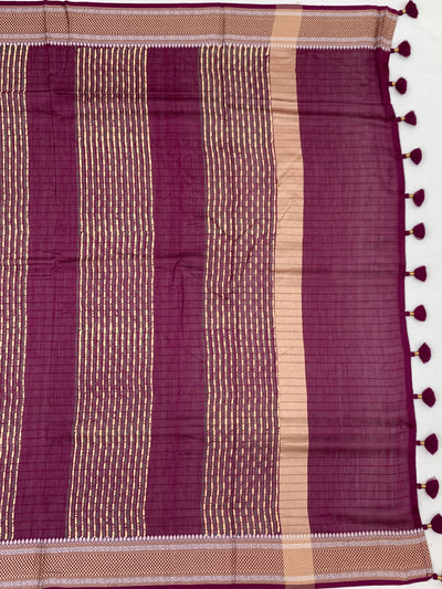 Deep Plum & Cream Hand-Printed Cotton Saree