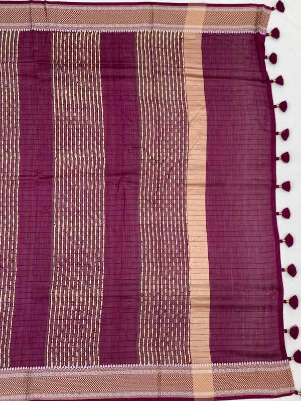 Deep Plum & Cream Hand-Printed Cotton Saree