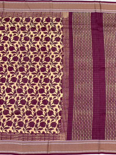 Deep Plum & Cream Hand-Printed Cotton Saree