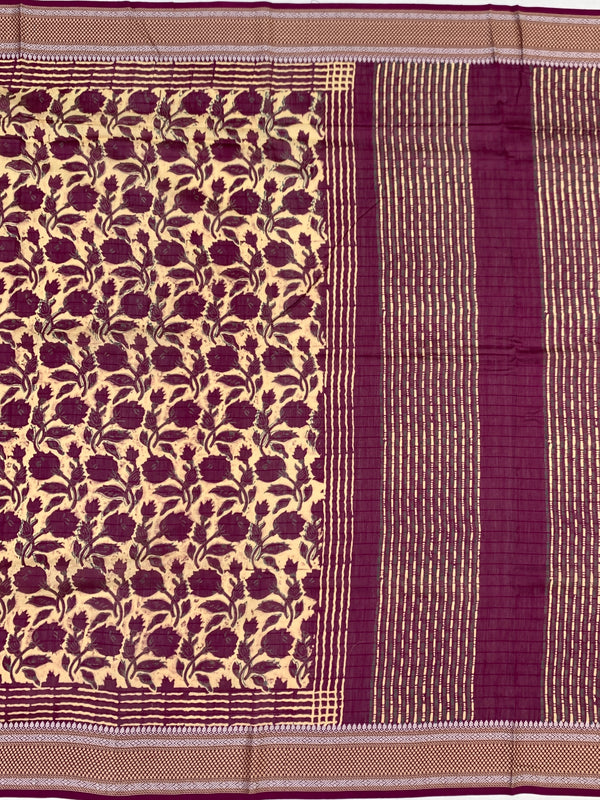 Deep Plum & Cream Hand-Printed Cotton Saree