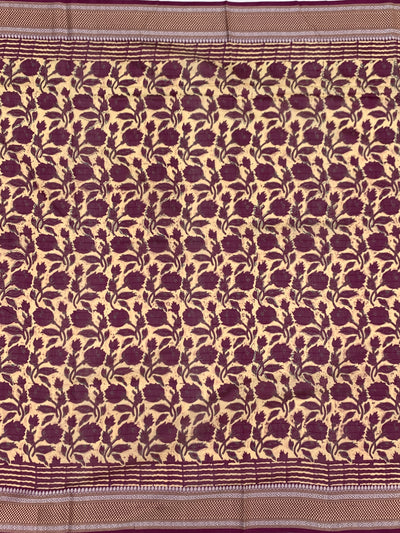 Deep Plum & Cream Hand-Printed Cotton Saree