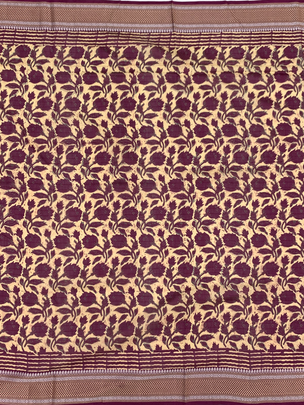 Deep Plum & Cream Hand-Printed Cotton Saree