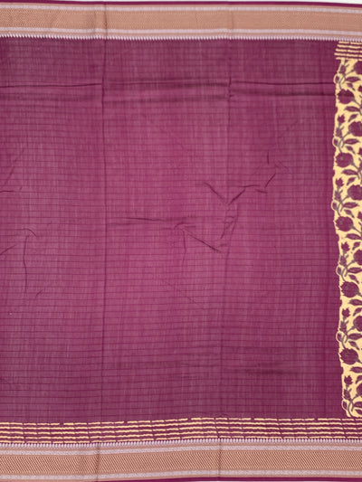 Deep Plum & Cream Hand-Printed Cotton Saree